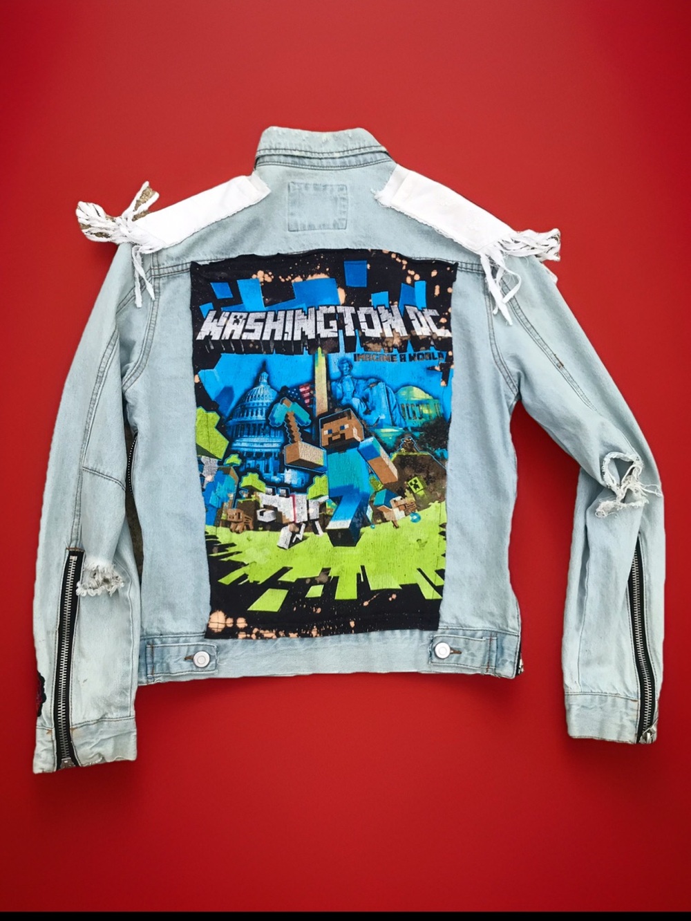 OOAK Upcycled Minecraft Jean Jacket Men’s L Rework Streetwear Unisex distressed